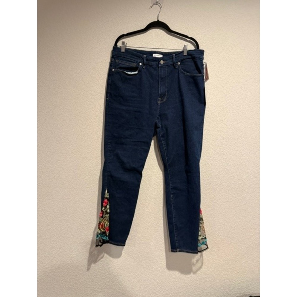 Good American Good Waist Upcycled‎ Floral Embroidered Mesh Hem Jeans Blue 14-18